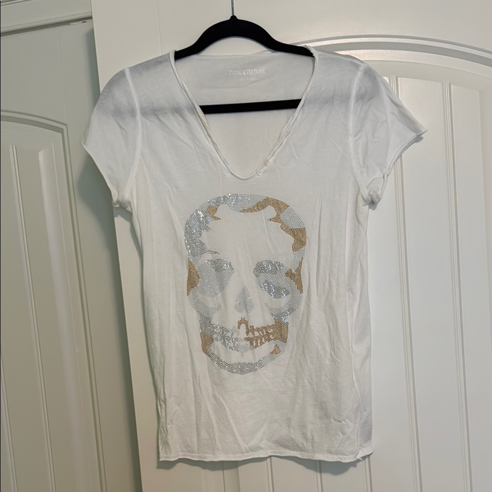 Zadig & Voltaire White Graphic Fitted Cap Sleeve Tee